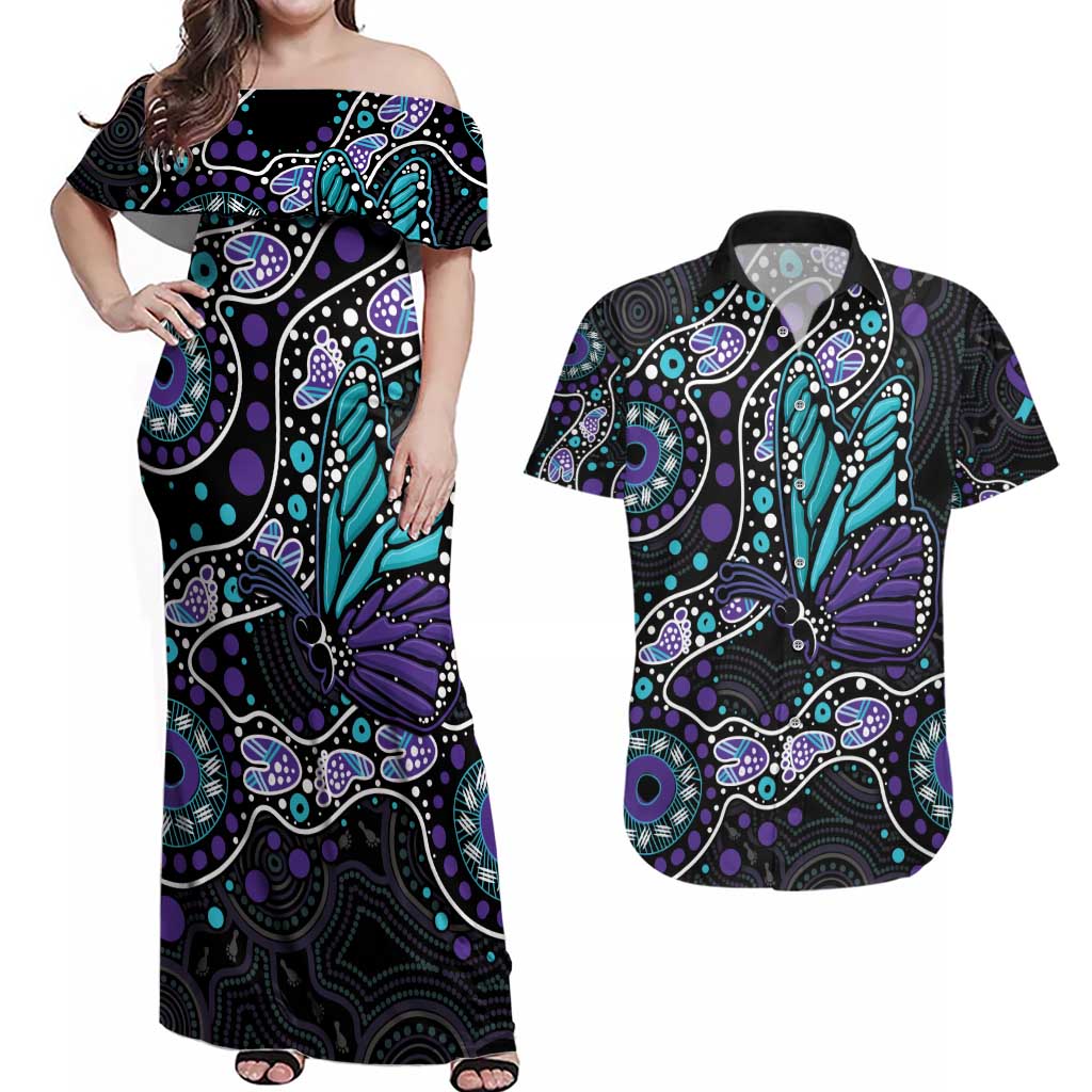 Australia Indigenous Couples Matching Off Shoulder Maxi Dress and Hawaiian Shirt Teal & Purple Ribbon Butterfly Aboriginal Arts