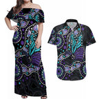 Australia Indigenous Couples Matching Off Shoulder Maxi Dress and Hawaiian Shirt Teal & Purple Ribbon Butterfly Aboriginal Arts