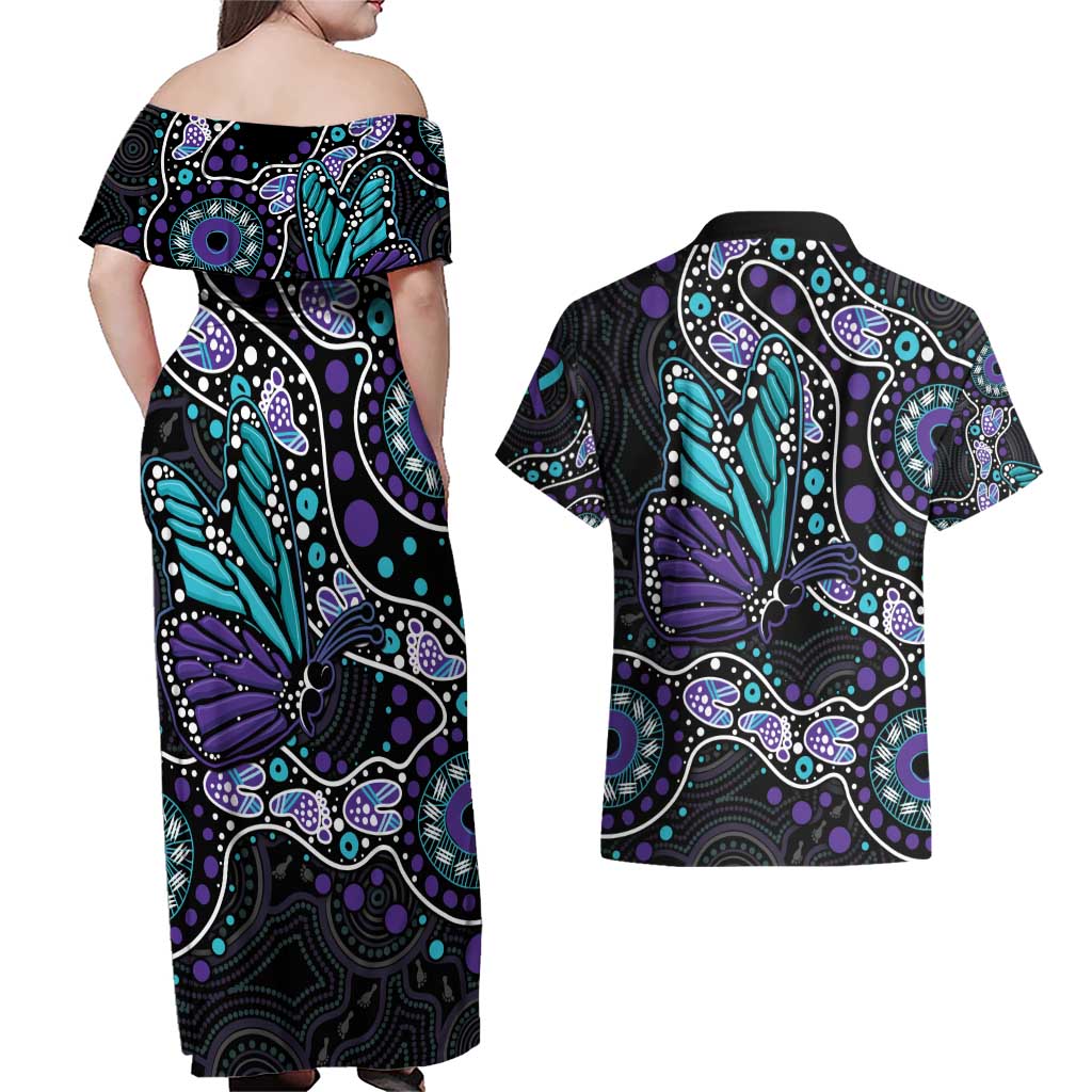 Australia Indigenous Couples Matching Off Shoulder Maxi Dress and Hawaiian Shirt Teal & Purple Ribbon Butterfly Aboriginal Arts