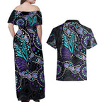 Australia Indigenous Couples Matching Off Shoulder Maxi Dress and Hawaiian Shirt Teal & Purple Ribbon Butterfly Aboriginal Arts
