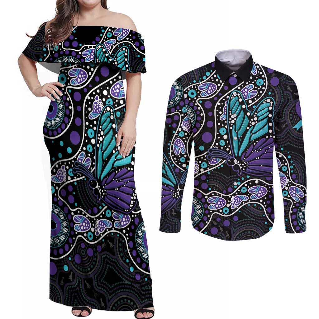 Australia Indigenous Couples Matching Off Shoulder Maxi Dress and Long Sleeve Button Shirt Teal & Purple Ribbon Butterfly Aboriginal Arts