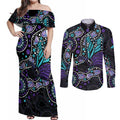Australia Indigenous Couples Matching Off Shoulder Maxi Dress and Long Sleeve Button Shirt Teal & Purple Ribbon Butterfly Aboriginal Arts