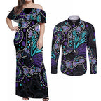 Australia Indigenous Couples Matching Off Shoulder Maxi Dress and Long Sleeve Button Shirt Teal & Purple Ribbon Butterfly Aboriginal Arts