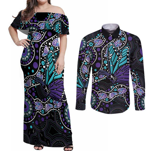 Australia Indigenous Couples Matching Off Shoulder Maxi Dress and Long Sleeve Button Shirt Teal & Purple Ribbon Butterfly Aboriginal Arts