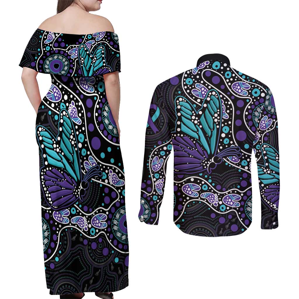Australia Indigenous Couples Matching Off Shoulder Maxi Dress and Long Sleeve Button Shirt Teal & Purple Ribbon Butterfly Aboriginal Arts