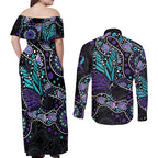 Australia Indigenous Couples Matching Off Shoulder Maxi Dress and Long Sleeve Button Shirt Teal & Purple Ribbon Butterfly Aboriginal Arts