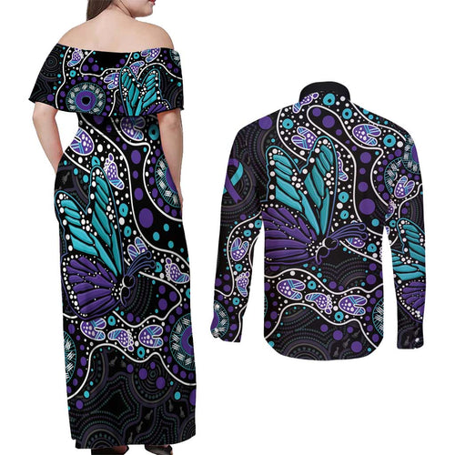 Australia Indigenous Couples Matching Off Shoulder Maxi Dress and Long Sleeve Button Shirt Teal & Purple Ribbon Butterfly Aboriginal Arts