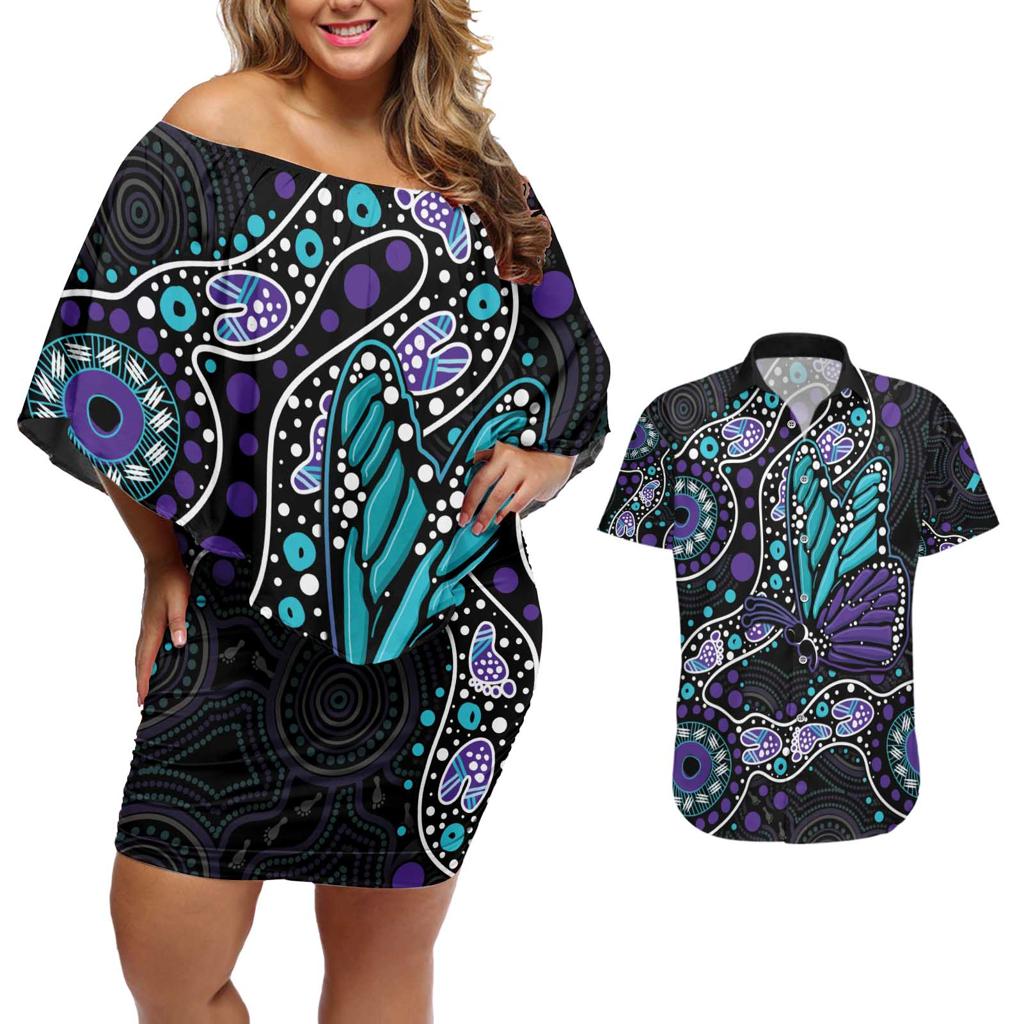 Australia Indigenous Couples Matching Off Shoulder Short Dress and Hawaiian Shirt Teal & Purple Ribbon Butterfly Aboriginal Arts