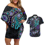 Australia Indigenous Couples Matching Off Shoulder Short Dress and Hawaiian Shirt Teal & Purple Ribbon Butterfly Aboriginal Arts