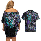 Australia Indigenous Couples Matching Off Shoulder Short Dress and Hawaiian Shirt Teal & Purple Ribbon Butterfly Aboriginal Arts