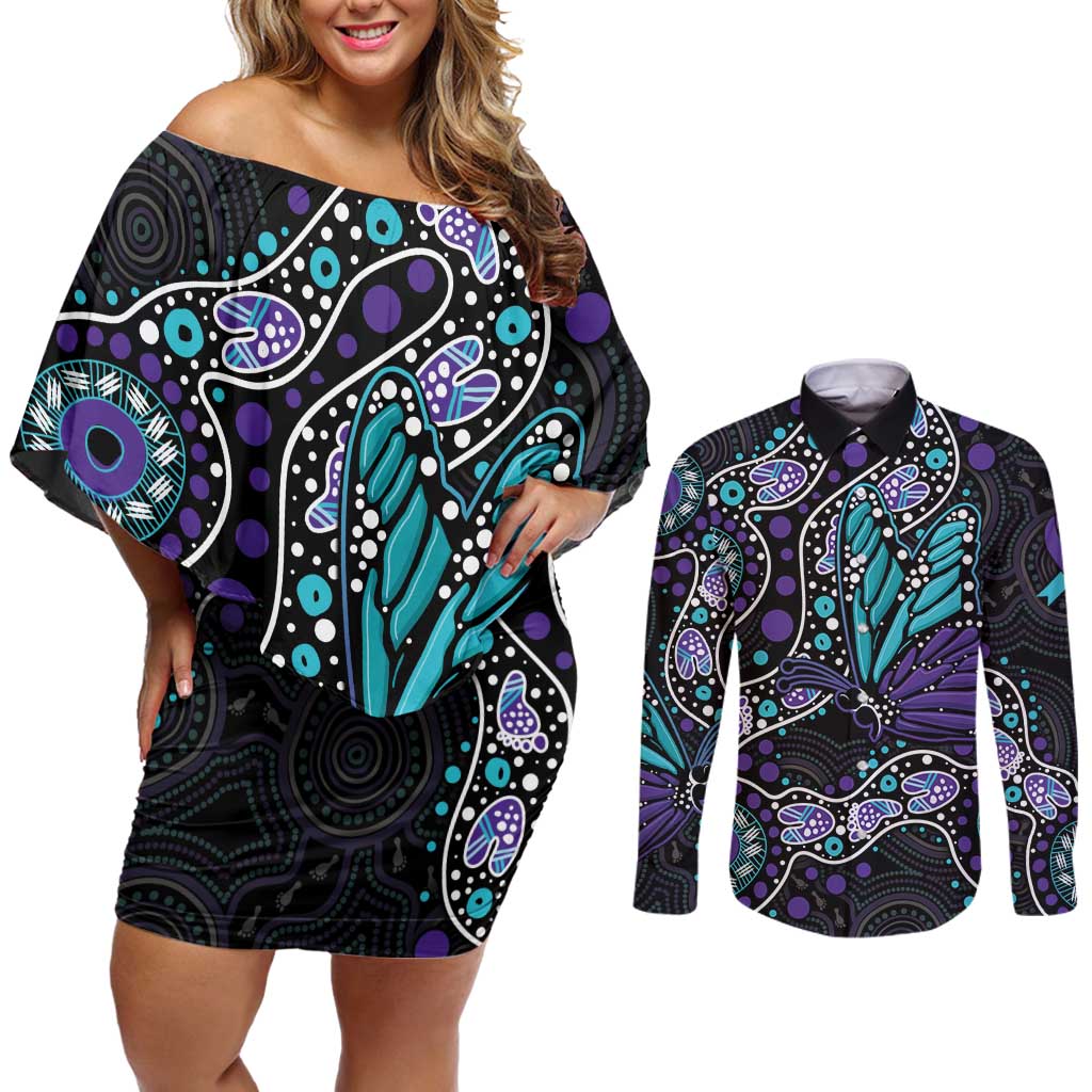 Australia Indigenous Couples Matching Off Shoulder Short Dress and Long Sleeve Button Shirt Teal & Purple Ribbon Butterfly Aboriginal Arts