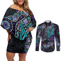 Australia Indigenous Couples Matching Off Shoulder Short Dress and Long Sleeve Button Shirt Teal & Purple Ribbon Butterfly Aboriginal Arts