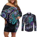 Australia Indigenous Couples Matching Off Shoulder Short Dress and Long Sleeve Button Shirt Teal & Purple Ribbon Butterfly Aboriginal Arts