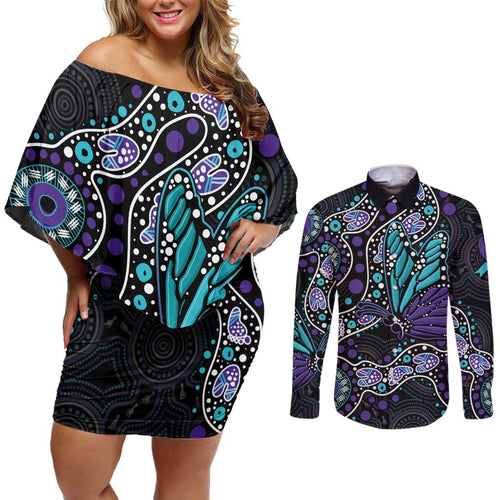Australia Indigenous Couples Matching Off Shoulder Short Dress and Long Sleeve Button Shirt Teal & Purple Ribbon Butterfly Aboriginal Arts