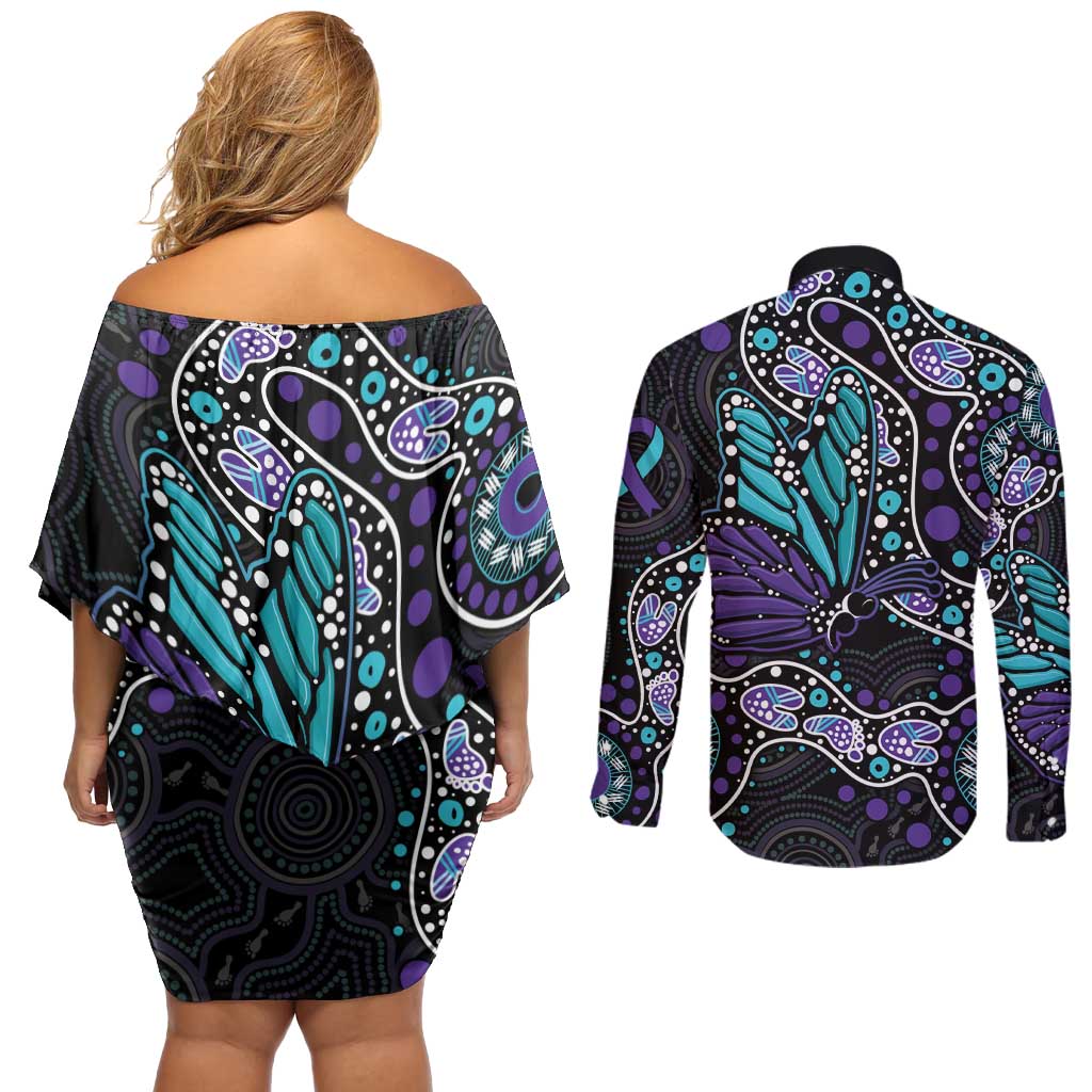 Australia Indigenous Couples Matching Off Shoulder Short Dress and Long Sleeve Button Shirt Teal & Purple Ribbon Butterfly Aboriginal Arts