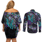 Australia Indigenous Couples Matching Off Shoulder Short Dress and Long Sleeve Button Shirt Teal & Purple Ribbon Butterfly Aboriginal Arts