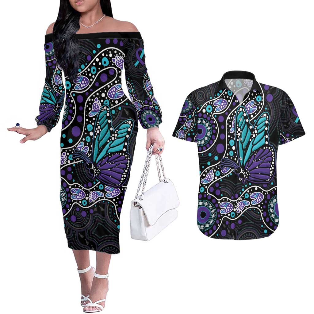 Australia Indigenous Couples Matching Off The Shoulder Long Sleeve Dress and Hawaiian Shirt Teal & Purple Ribbon Butterfly Aboriginal Arts