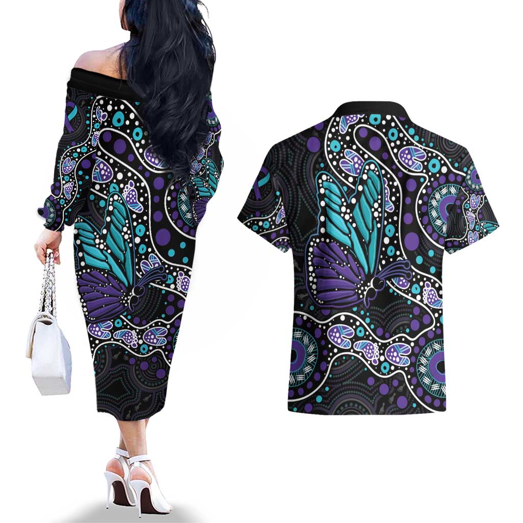 Australia Indigenous Couples Matching Off The Shoulder Long Sleeve Dress and Hawaiian Shirt Teal & Purple Ribbon Butterfly Aboriginal Arts