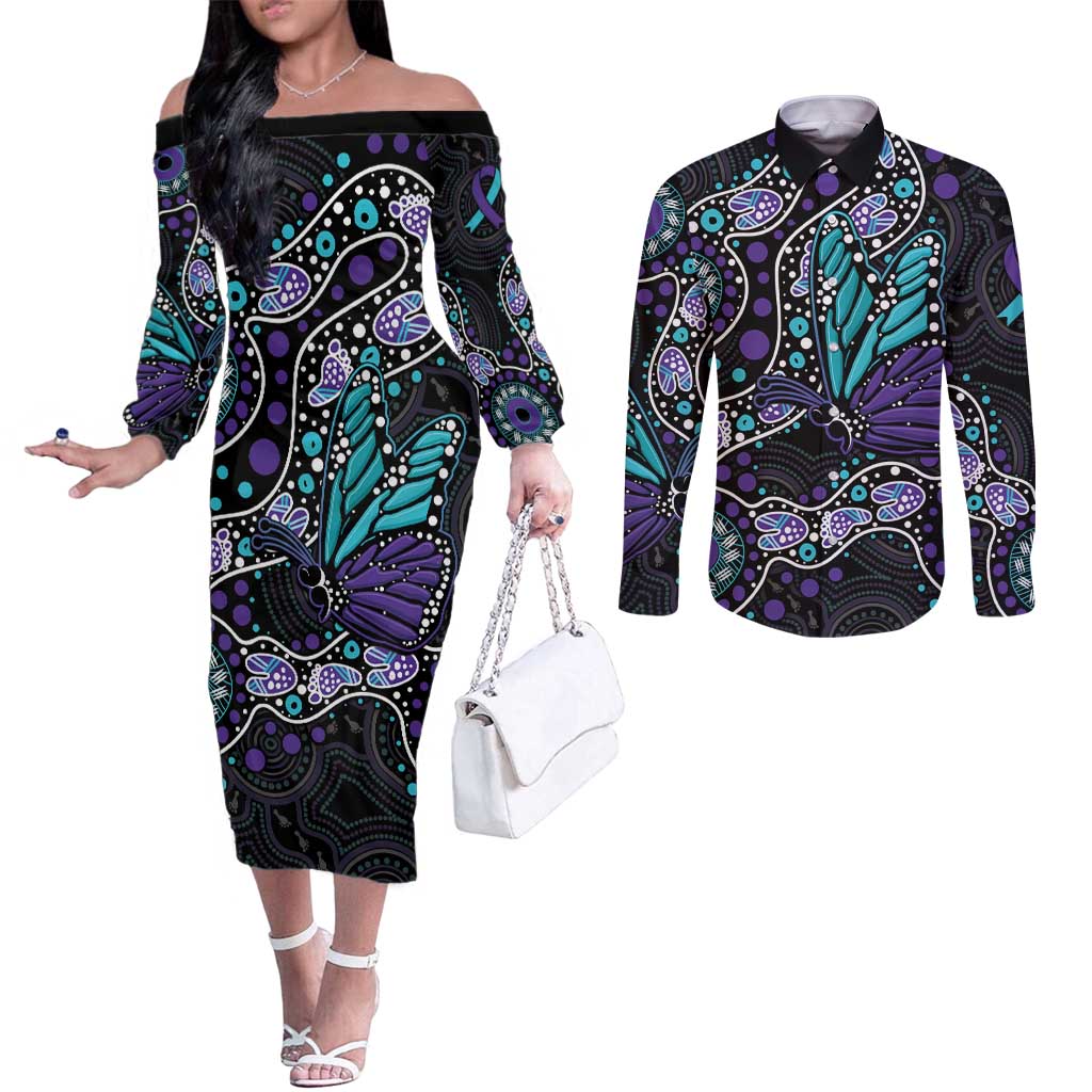 Australia Indigenous Couples Matching Off The Shoulder Long Sleeve Dress and Long Sleeve Button Shirt Teal & Purple Ribbon Butterfly Aboriginal Arts