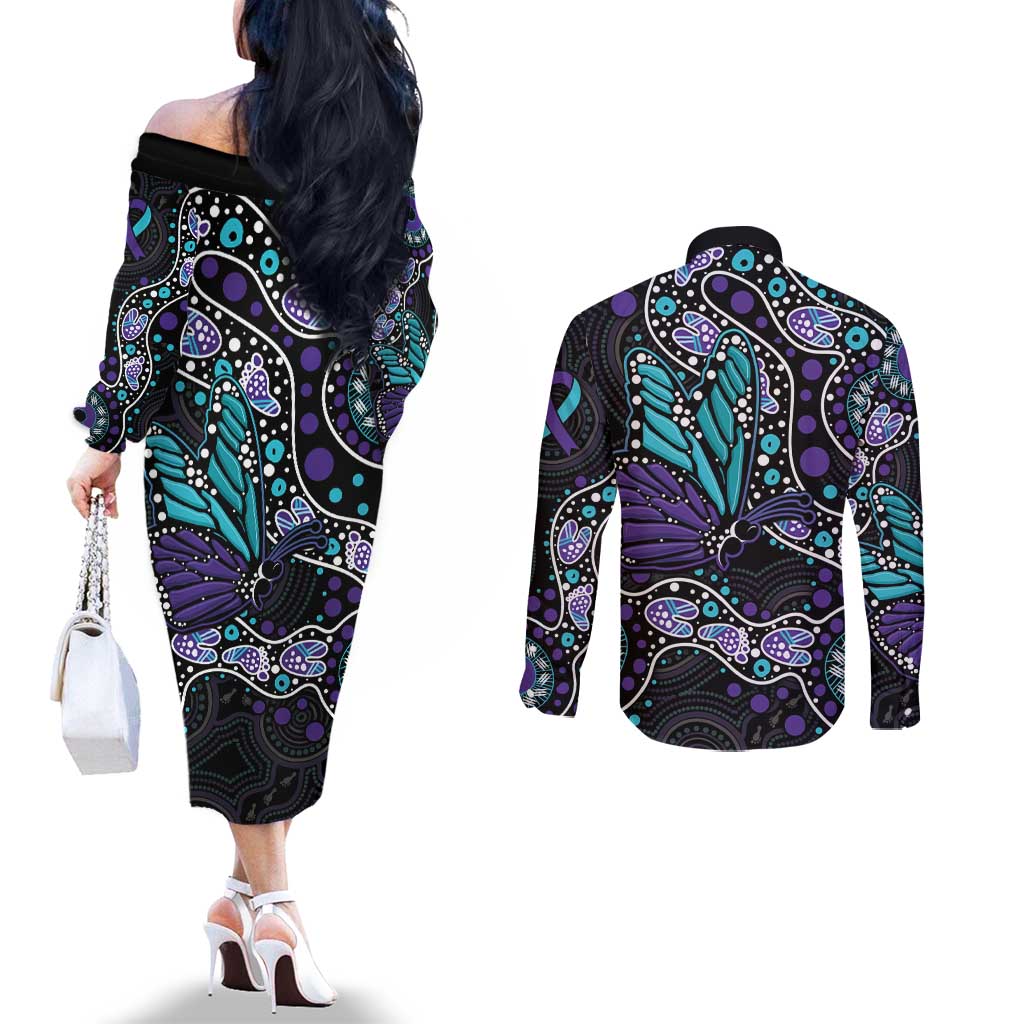 Australia Indigenous Couples Matching Off The Shoulder Long Sleeve Dress and Long Sleeve Button Shirt Teal & Purple Ribbon Butterfly Aboriginal Arts