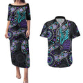 Australia Indigenous Couples Matching Puletasi and Hawaiian Shirt Teal & Purple Ribbon Butterfly Aboriginal Arts