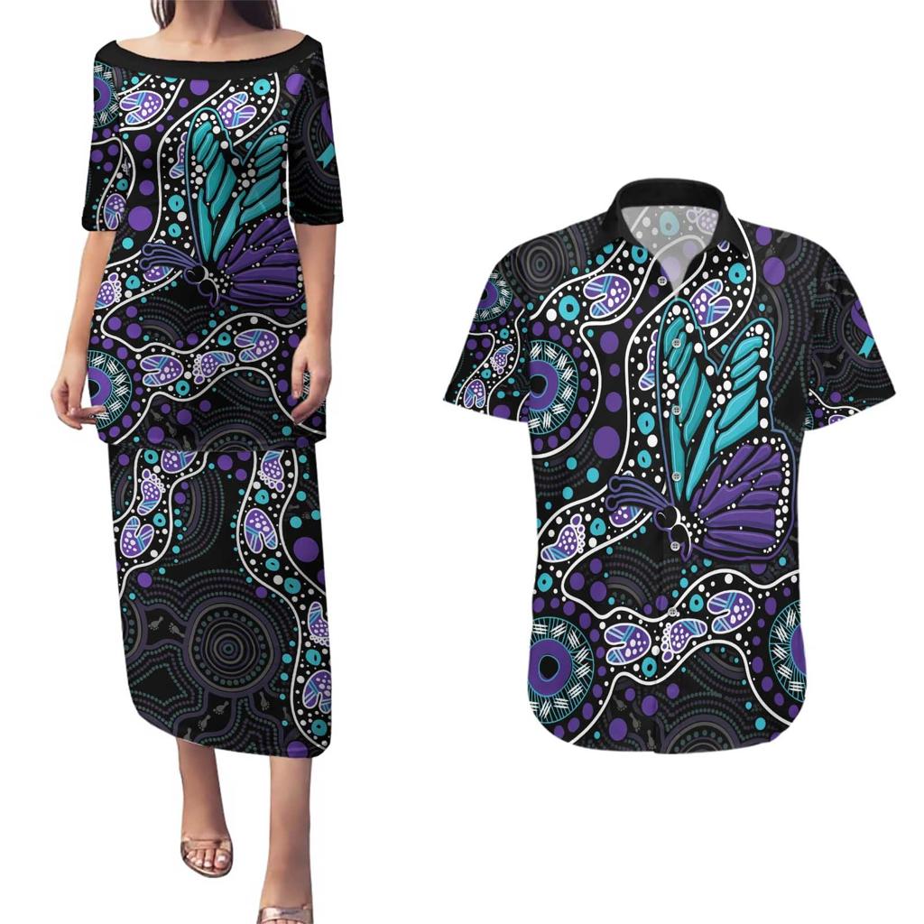 Australia Indigenous Couples Matching Puletasi and Hawaiian Shirt Teal & Purple Ribbon Butterfly Aboriginal Arts