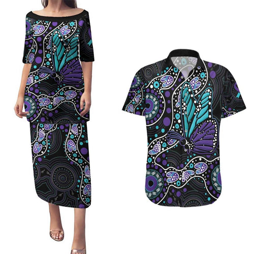 Australia Indigenous Couples Matching Puletasi and Hawaiian Shirt Teal & Purple Ribbon Butterfly Aboriginal Arts