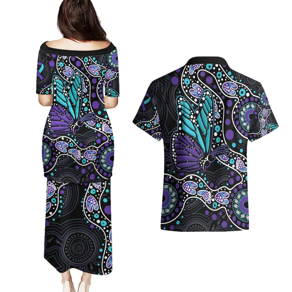 Australia Indigenous Couples Matching Puletasi and Hawaiian Shirt Teal & Purple Ribbon Butterfly Aboriginal Arts