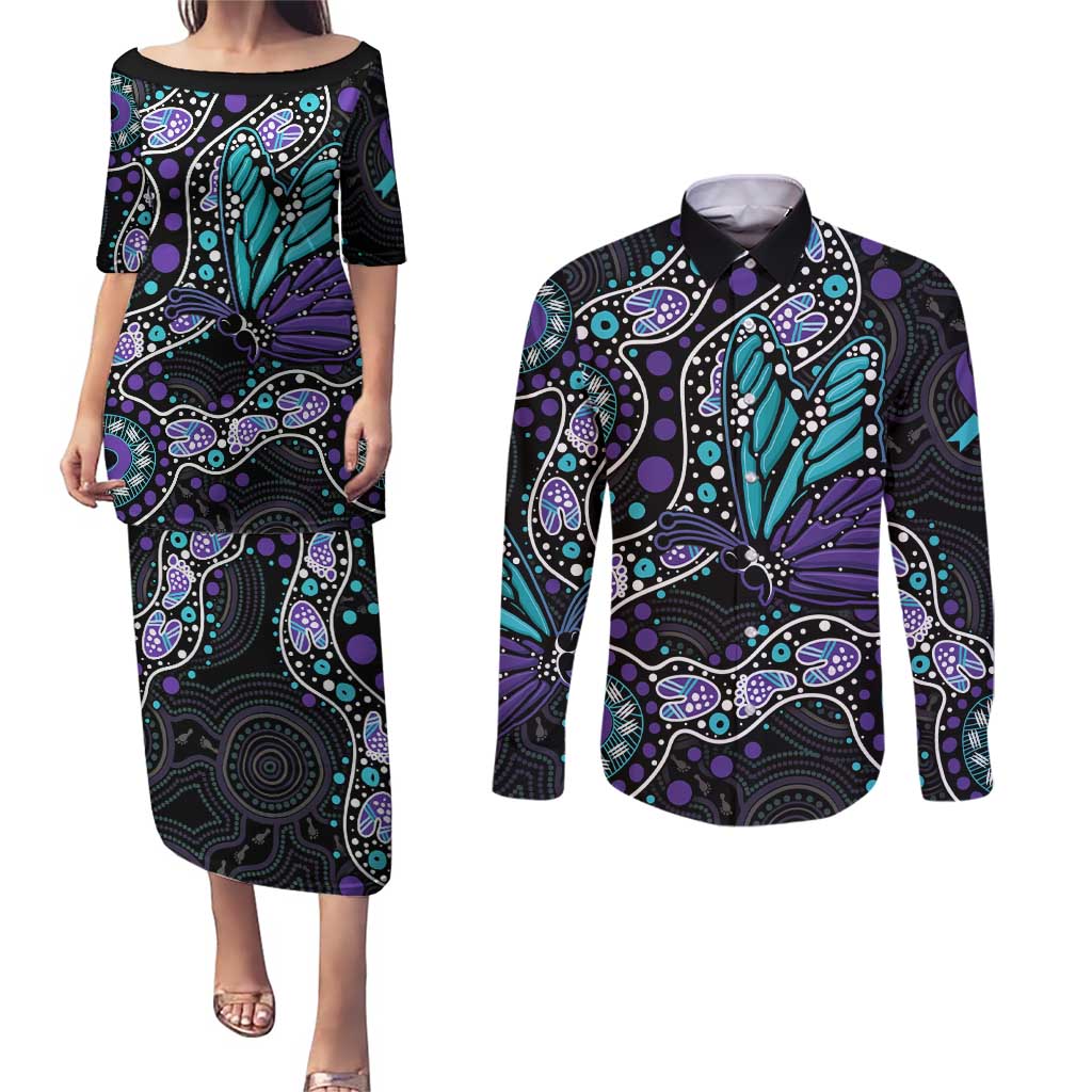 Australia Indigenous Couples Matching Puletasi and Long Sleeve Button Shirt Teal & Purple Ribbon Butterfly Aboriginal Arts