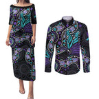 Australia Indigenous Couples Matching Puletasi and Long Sleeve Button Shirt Teal & Purple Ribbon Butterfly Aboriginal Arts