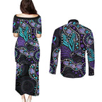 Australia Indigenous Couples Matching Puletasi and Long Sleeve Button Shirt Teal & Purple Ribbon Butterfly Aboriginal Arts