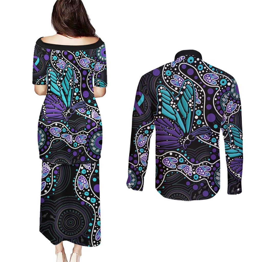 Australia Indigenous Couples Matching Puletasi and Long Sleeve Button Shirt Teal & Purple Ribbon Butterfly Aboriginal Arts
