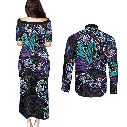 Australia Indigenous Couples Matching Puletasi and Long Sleeve Button Shirt Teal & Purple Ribbon Butterfly Aboriginal Arts
