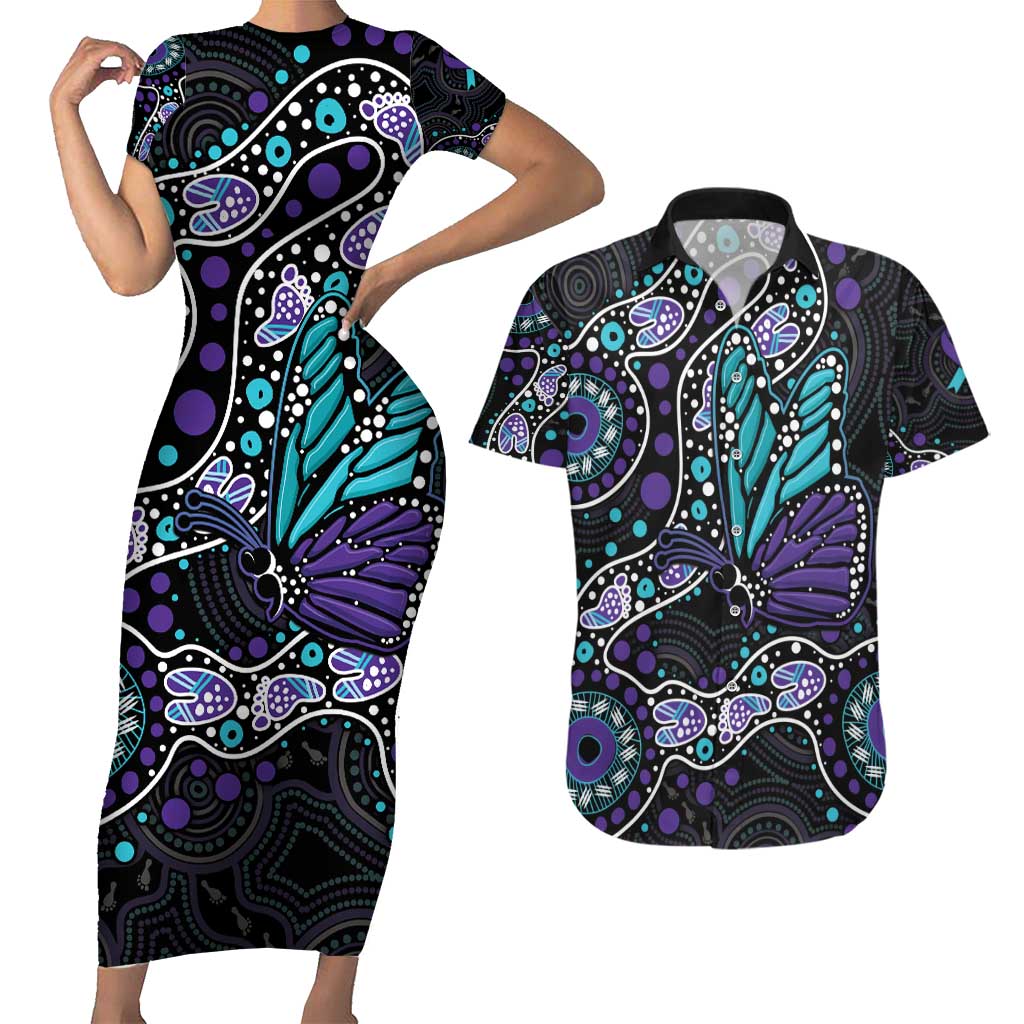 Australia Indigenous Couples Matching Short Sleeve Bodycon Dress and Hawaiian Shirt Teal & Purple Ribbon Butterfly Aboriginal Arts