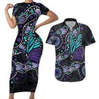 Australia Indigenous Couples Matching Short Sleeve Bodycon Dress and Hawaiian Shirt Teal & Purple Ribbon Butterfly Aboriginal Arts