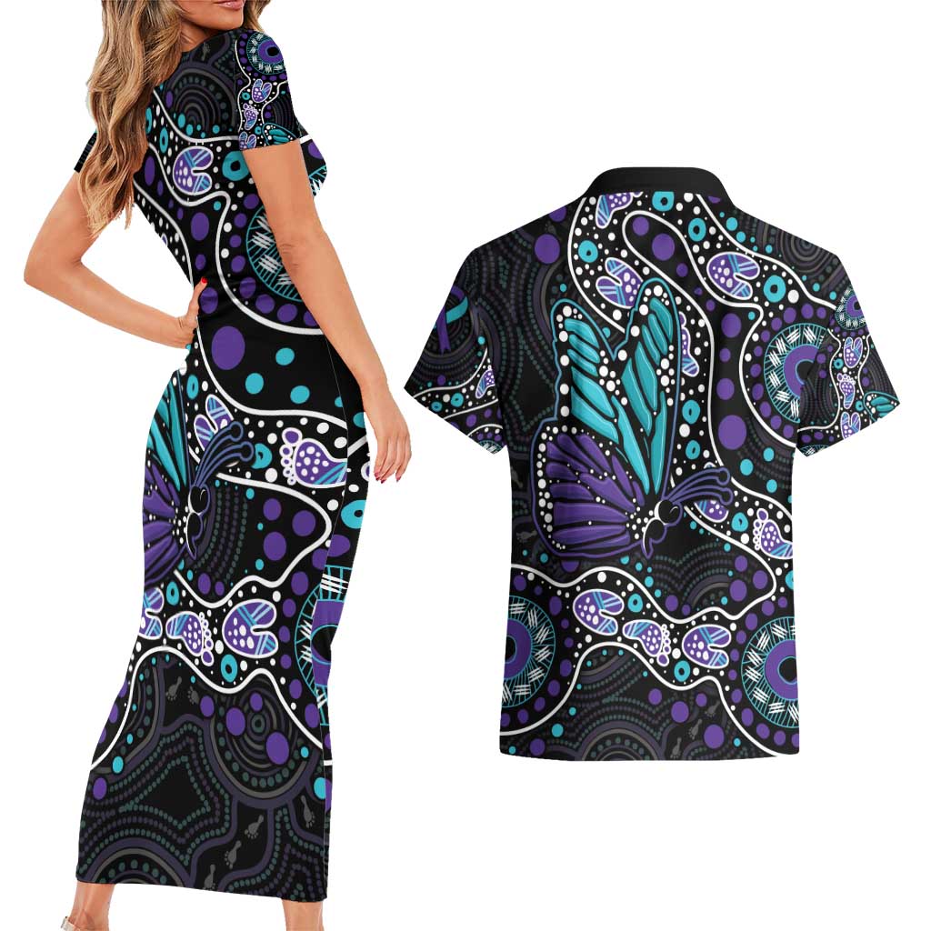 Australia Indigenous Couples Matching Short Sleeve Bodycon Dress and Hawaiian Shirt Teal & Purple Ribbon Butterfly Aboriginal Arts