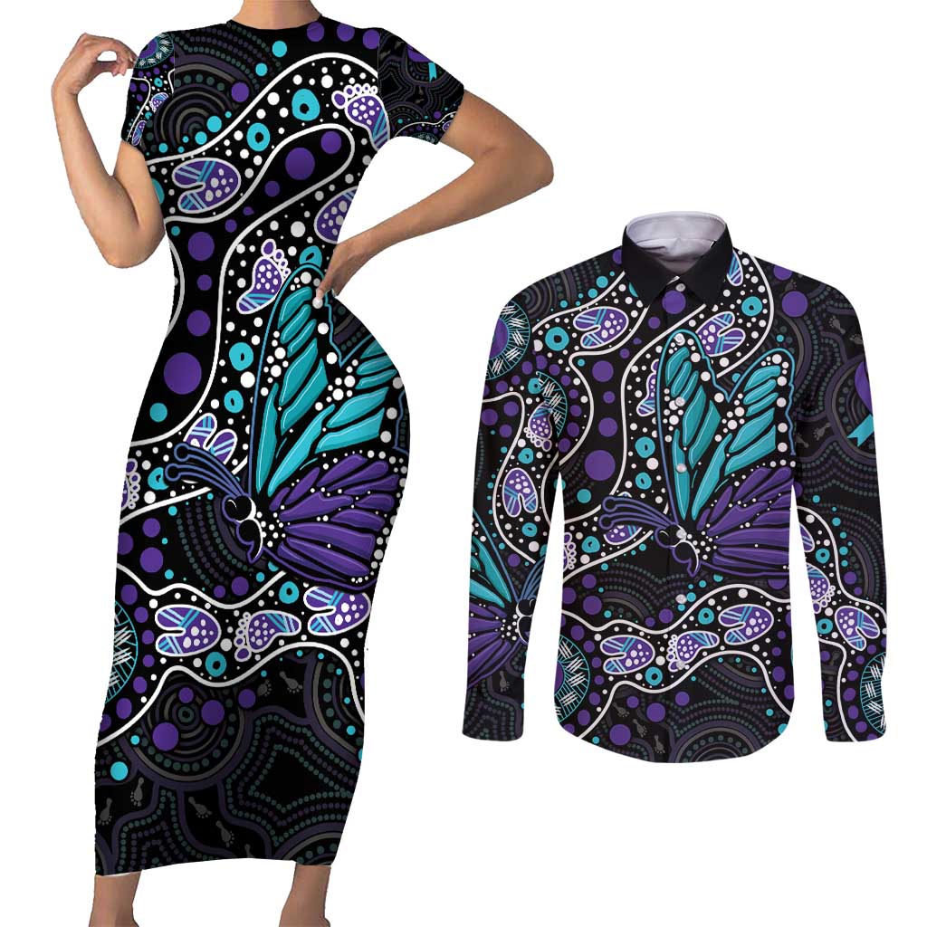 Australia Indigenous Couples Matching Short Sleeve Bodycon Dress and Long Sleeve Button Shirt Teal & Purple Ribbon Butterfly Aboriginal Arts