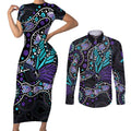 Australia Indigenous Couples Matching Short Sleeve Bodycon Dress and Long Sleeve Button Shirt Teal & Purple Ribbon Butterfly Aboriginal Arts