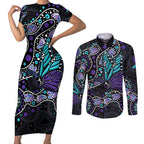 Australia Indigenous Couples Matching Short Sleeve Bodycon Dress and Long Sleeve Button Shirt Teal & Purple Ribbon Butterfly Aboriginal Arts