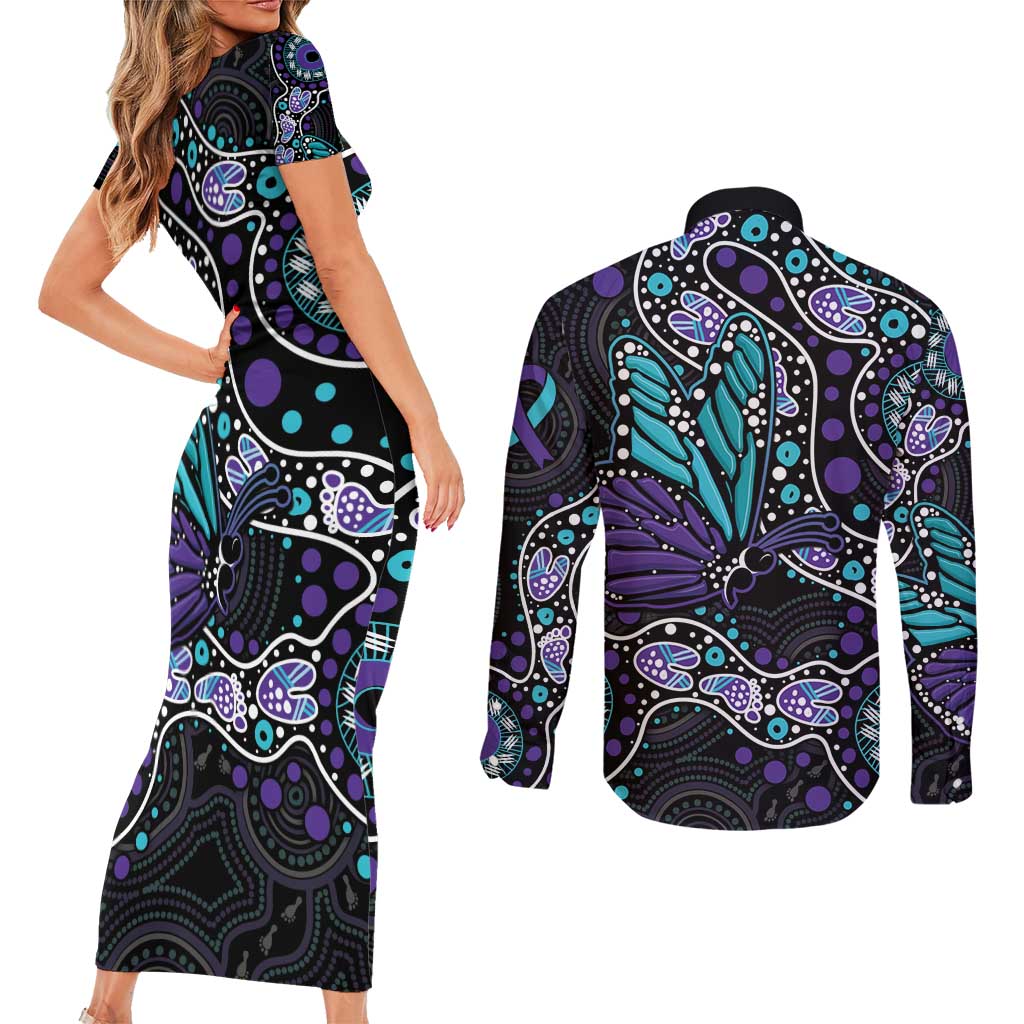 Australia Indigenous Couples Matching Short Sleeve Bodycon Dress and Long Sleeve Button Shirt Teal & Purple Ribbon Butterfly Aboriginal Arts
