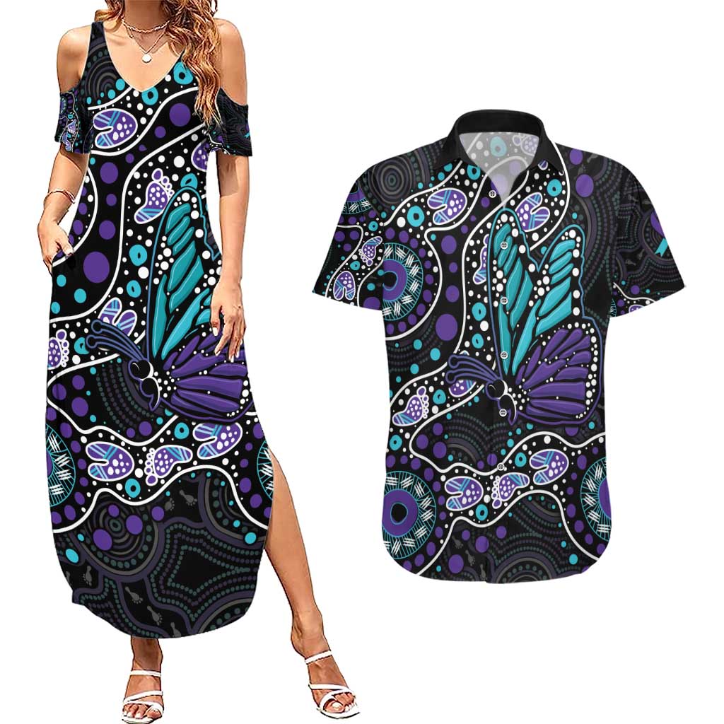 Australia Indigenous Couples Matching Summer Maxi Dress and Hawaiian Shirt Teal & Purple Ribbon Butterfly Aboriginal Arts