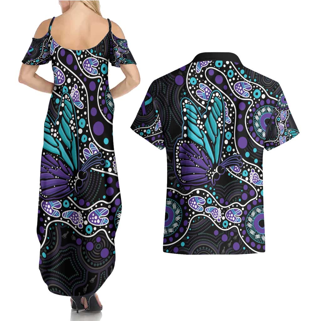 Australia Indigenous Couples Matching Summer Maxi Dress and Hawaiian Shirt Teal & Purple Ribbon Butterfly Aboriginal Arts