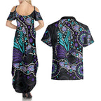 Australia Indigenous Couples Matching Summer Maxi Dress and Hawaiian Shirt Teal & Purple Ribbon Butterfly Aboriginal Arts