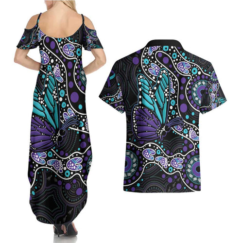 Australia Indigenous Couples Matching Summer Maxi Dress and Hawaiian Shirt Teal & Purple Ribbon Butterfly Aboriginal Arts