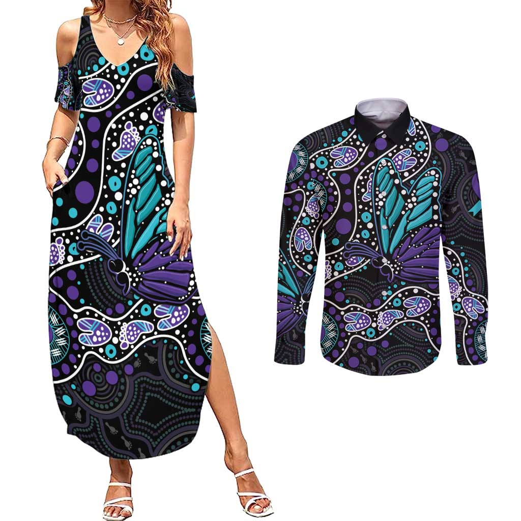 Australia Indigenous Couples Matching Summer Maxi Dress and Long Sleeve Button Shirt Teal & Purple Ribbon Butterfly Aboriginal Arts