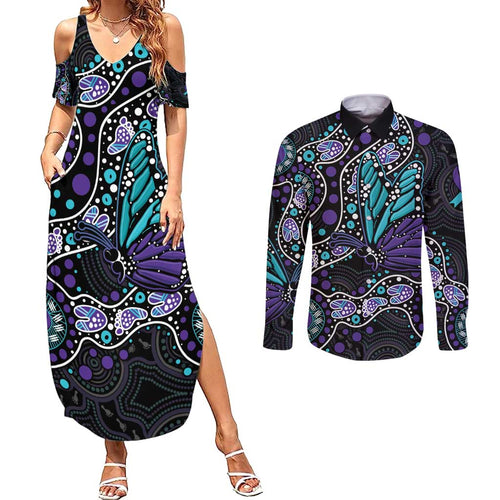 Australia Indigenous Couples Matching Summer Maxi Dress and Long Sleeve Button Shirt Teal & Purple Ribbon Butterfly Aboriginal Arts