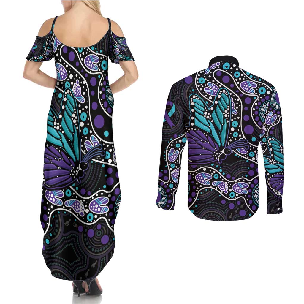 Australia Indigenous Couples Matching Summer Maxi Dress and Long Sleeve Button Shirt Teal & Purple Ribbon Butterfly Aboriginal Arts