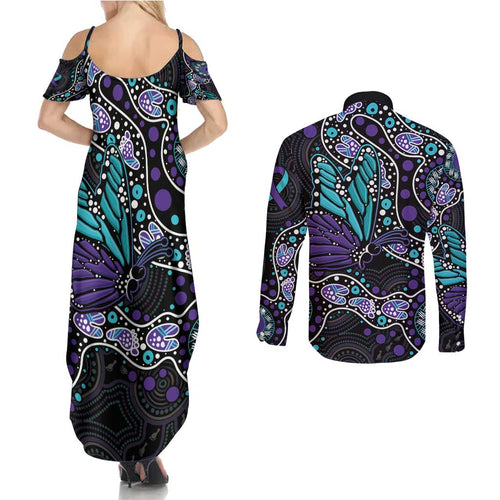 Australia Indigenous Couples Matching Summer Maxi Dress and Long Sleeve Button Shirt Teal & Purple Ribbon Butterfly Aboriginal Arts