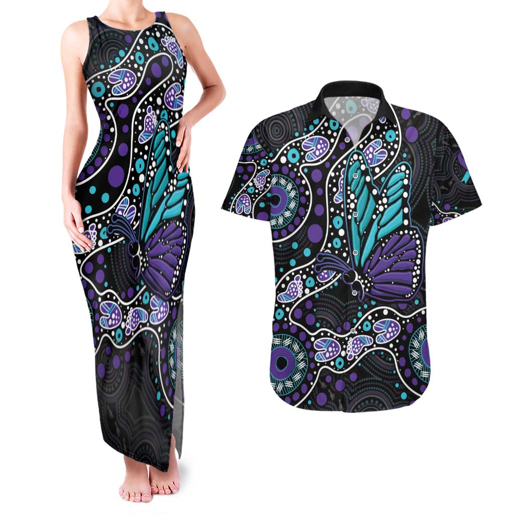 Australia Indigenous Couples Matching Tank Maxi Dress and Hawaiian Shirt Teal & Purple Ribbon Butterfly Aboriginal Arts