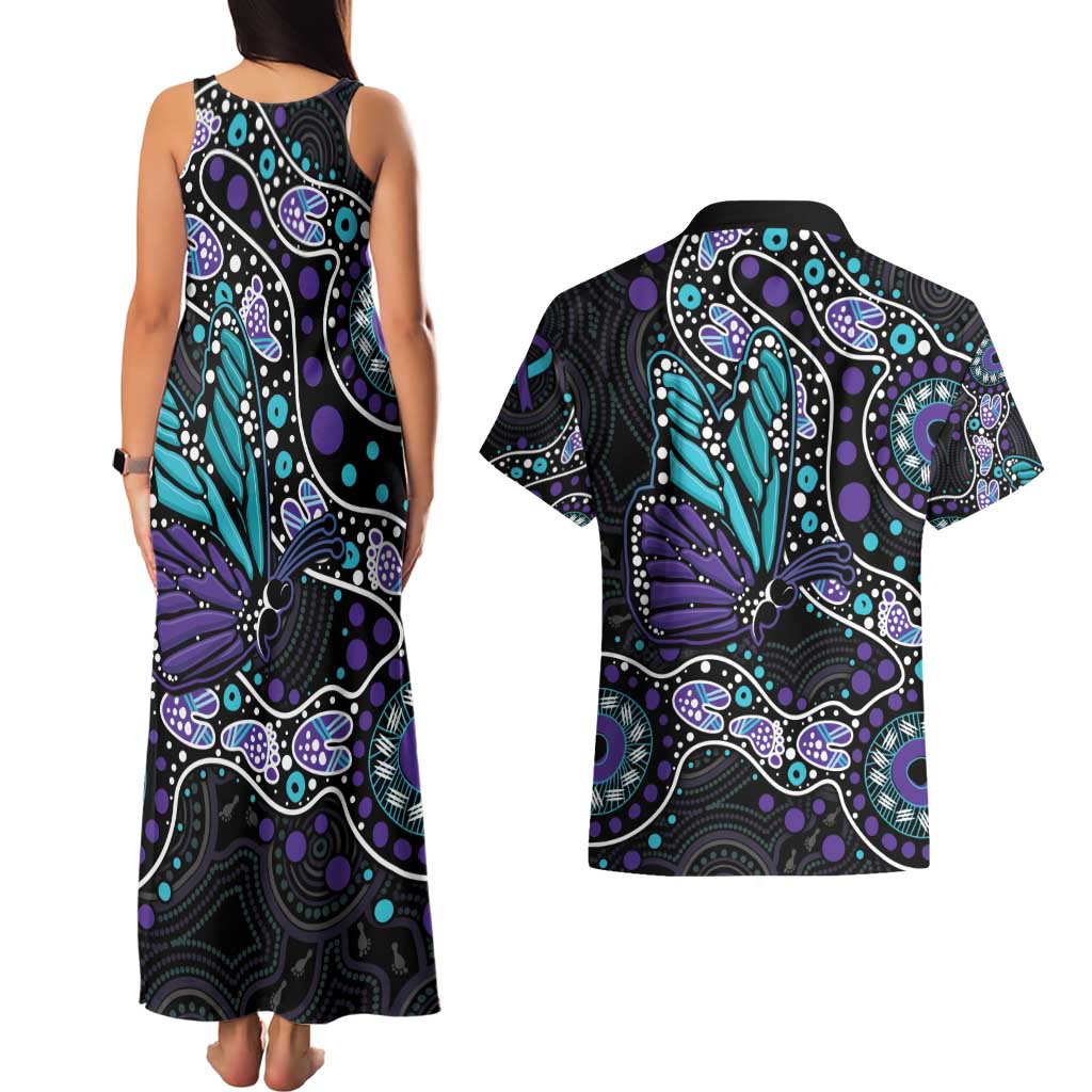 Australia Indigenous Couples Matching Tank Maxi Dress and Hawaiian Shirt Teal & Purple Ribbon Butterfly Aboriginal Arts
